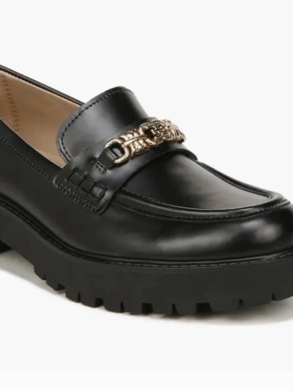 Sam Edelman Black Leather Chain-Trim Lug Sole Loafers